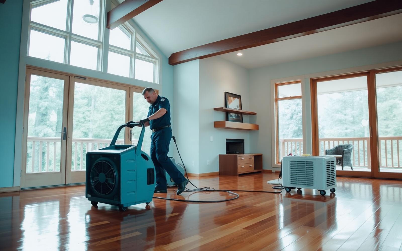 Restoration technician drying a water damaged Bellevue home with air movers and a dehumidifier